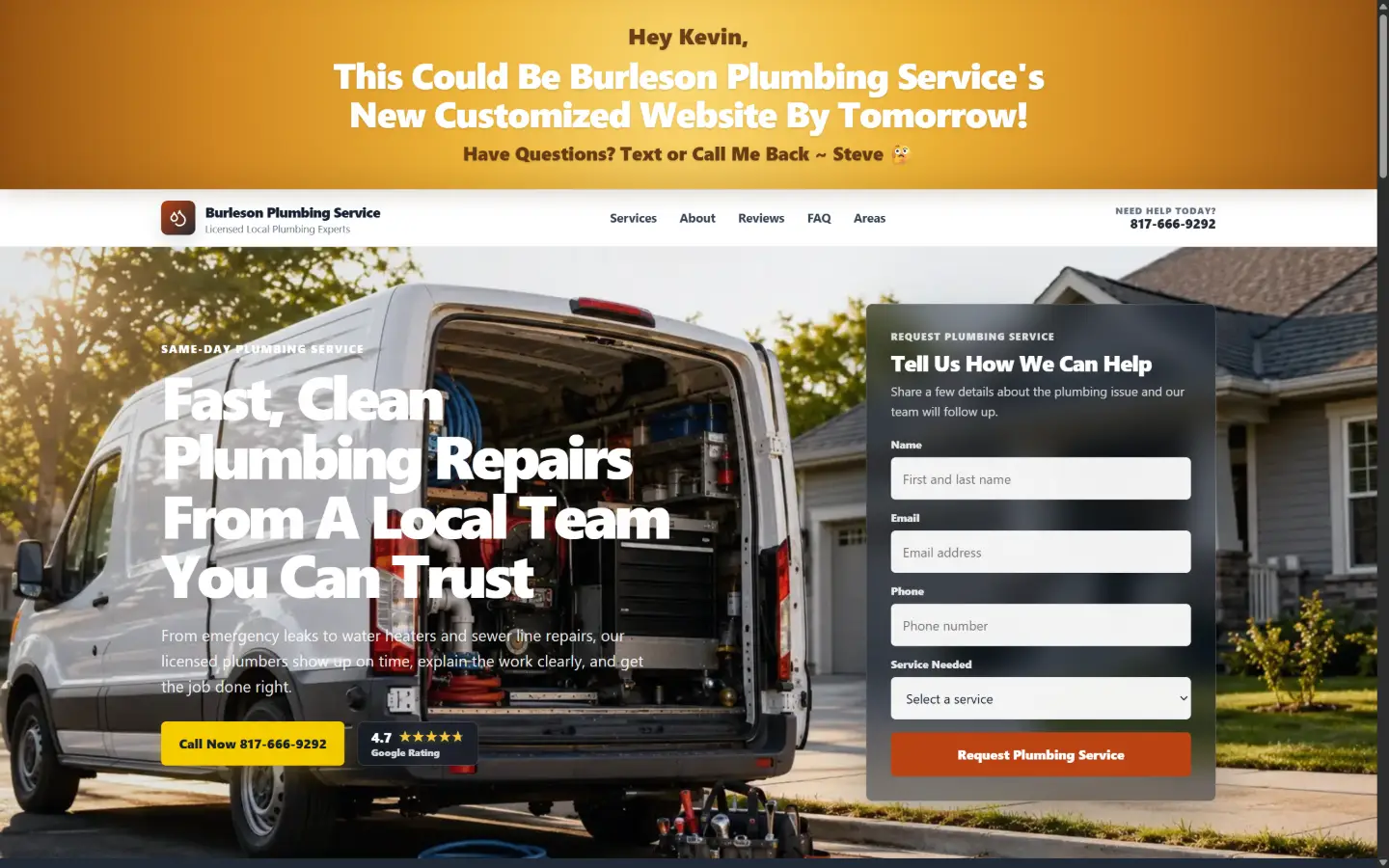 Prospect-facing website mockup with a call to action