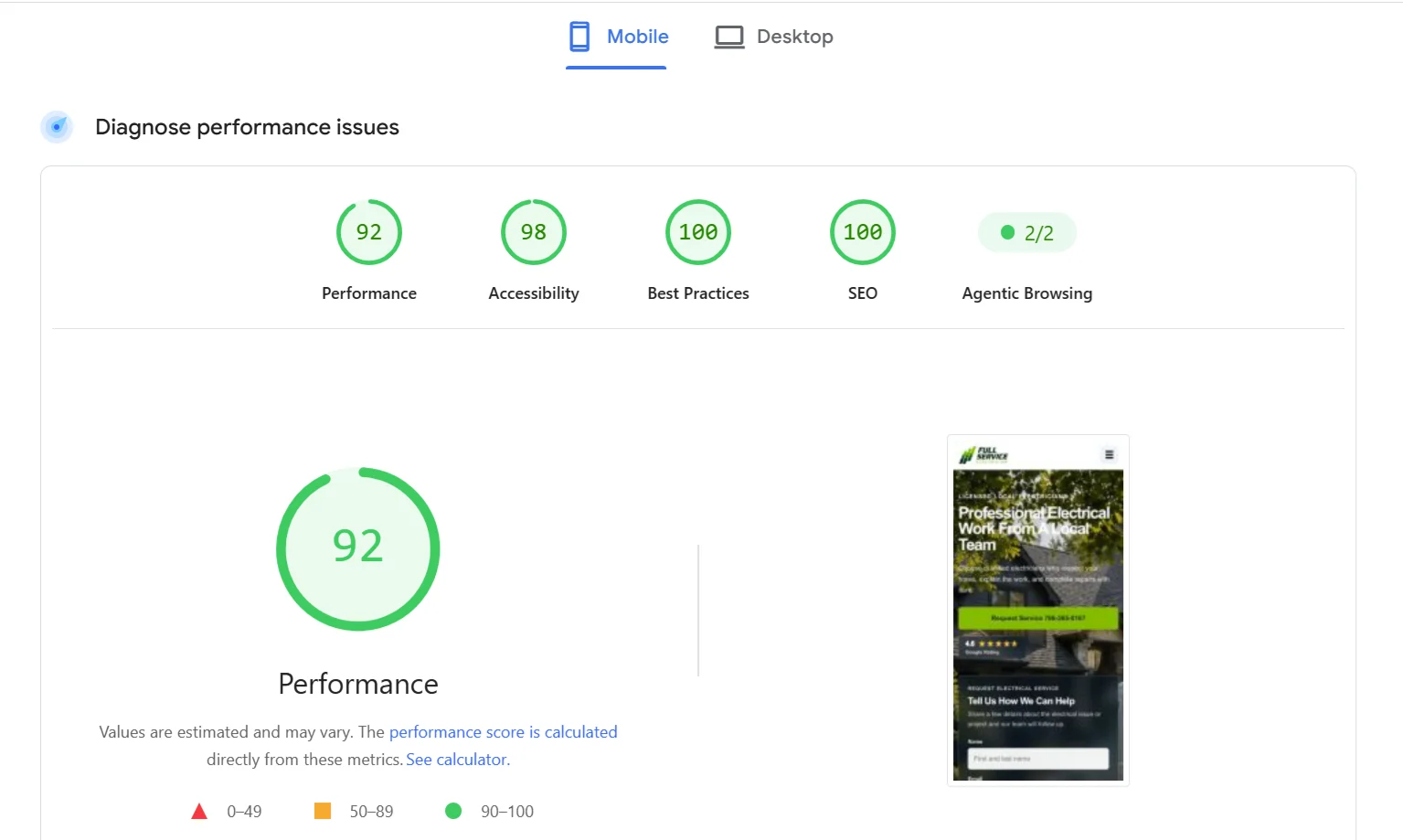Mobile Google PageSpeed result for a Lead Flow Studio website